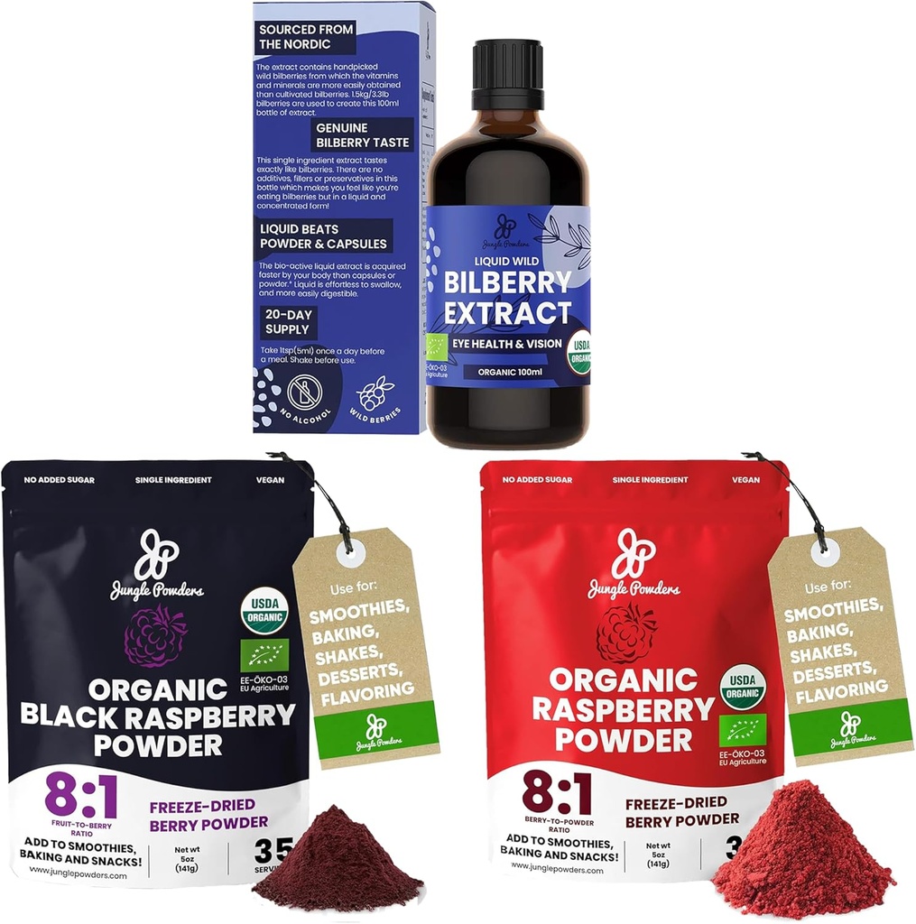 Jungle Powders Wild Bilberry Extract for Eyes USDA Organic 3.4oz Flaske, Black Red Raspberry Powders Bundle 5 Ounce Bag, Fryse Tørrede Hindbær til bagning Smoothies Dehydreret Frugt