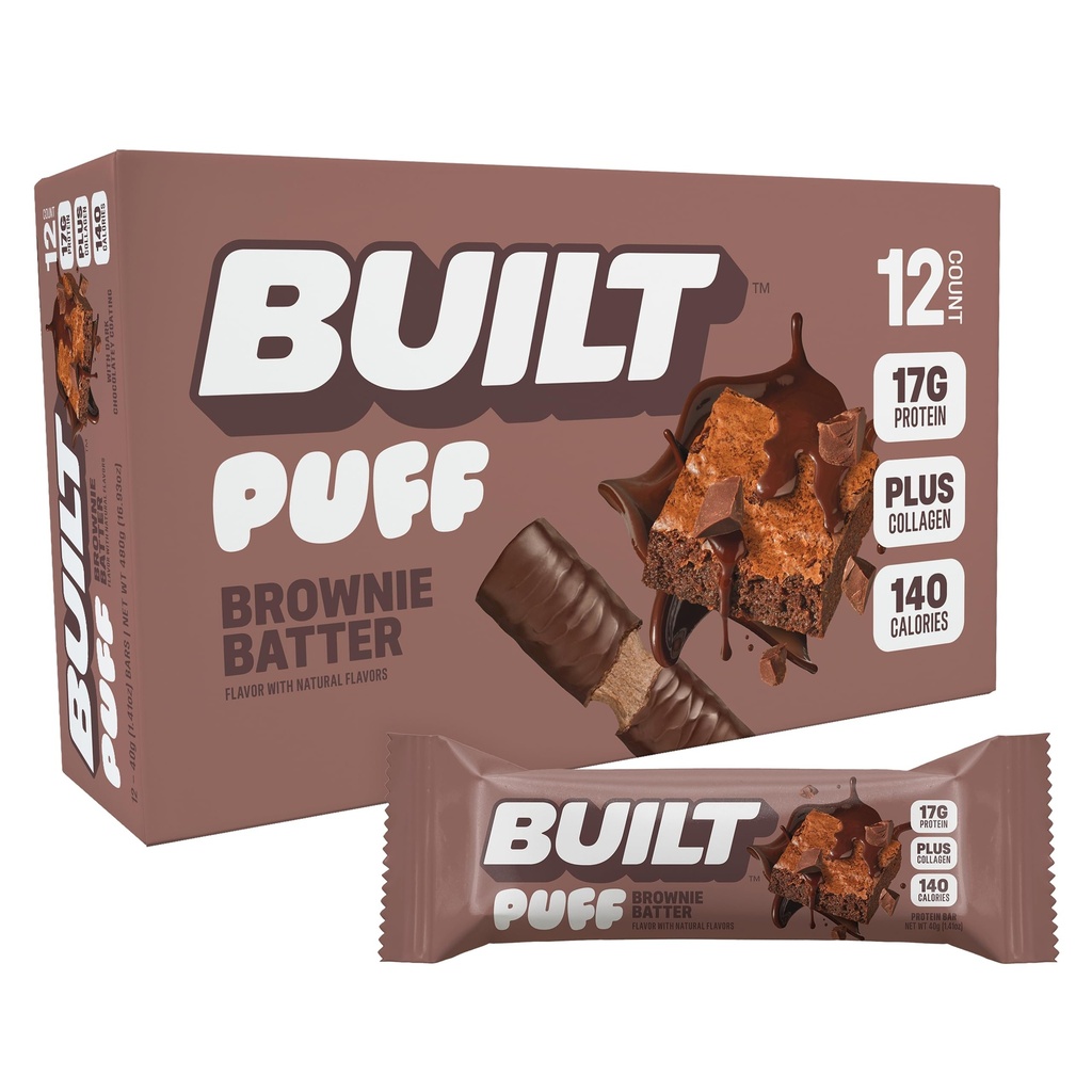 Bygget bar, Puff Protein Bars, Brownie Batter Puff, 17g Protein Snacks, On- The- Go Bars, Kun 140 kalorier, 6g Sukker, Collagen, Gluten Free, 12 Greve