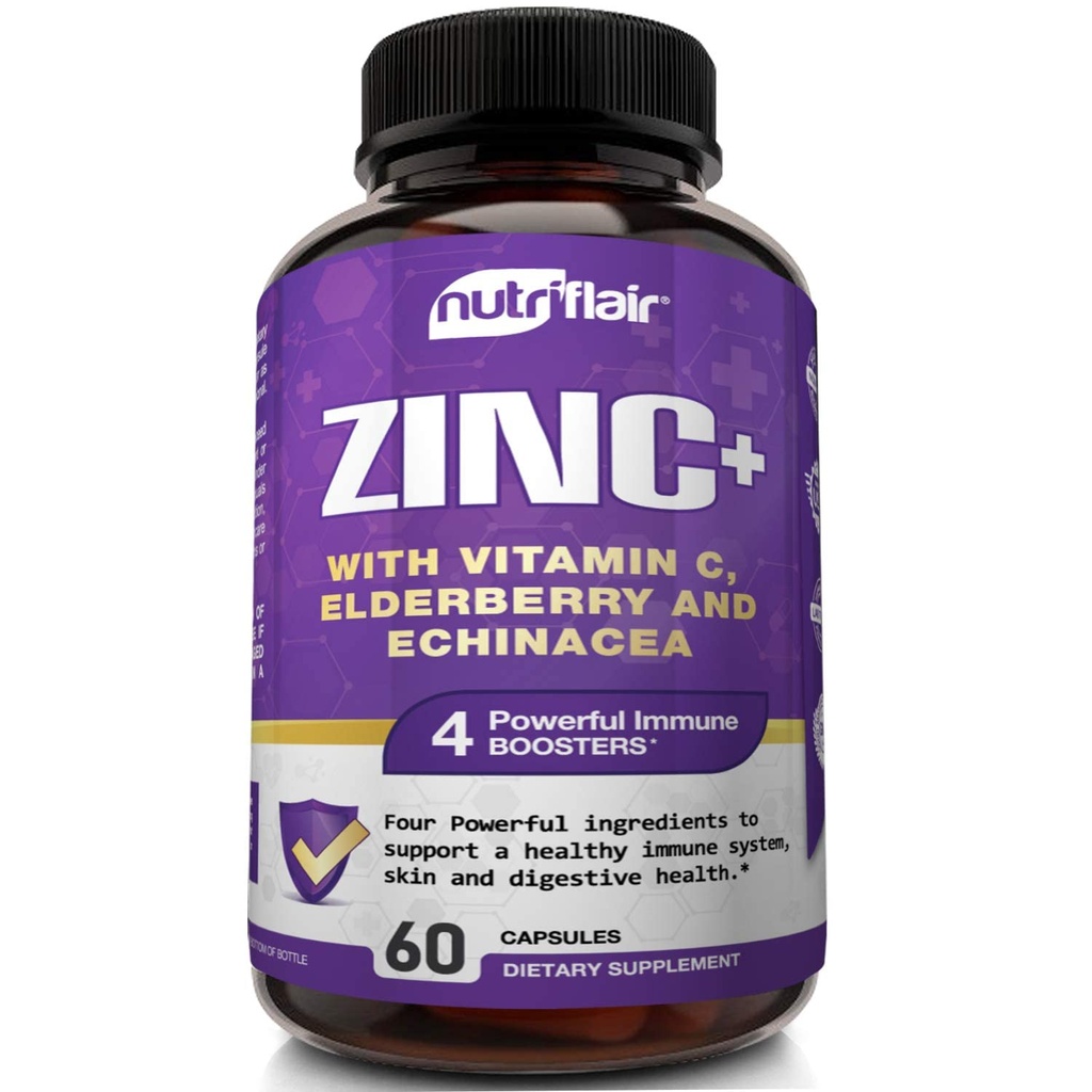 NutriFlair Zink 50mg - med C-vitamin, Elderberry, Echinacea Purpurea Extract, Zinkoxid - Sammenlign med picolinat, Citrat, Oxid - Komplet immunsupportformel piller med 4 immunforsvar