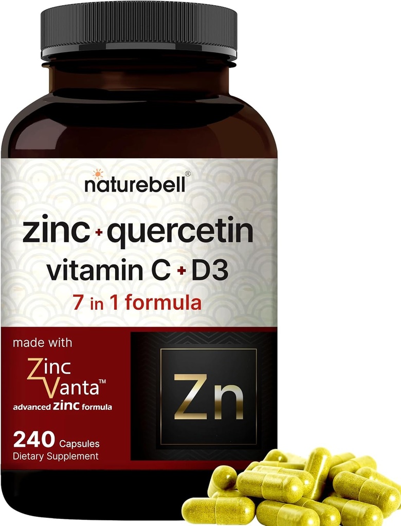 NatureBell Zinc Quercetin with Vitamin C & D3, 240 Capsules | Quercetin 1,000mg + Zinc 50mg + Vitamin C 250mg + Vitamin D3 5,000 IU | 4-in-1 Advanced Immune & Lung Support | ZincVanta Formula