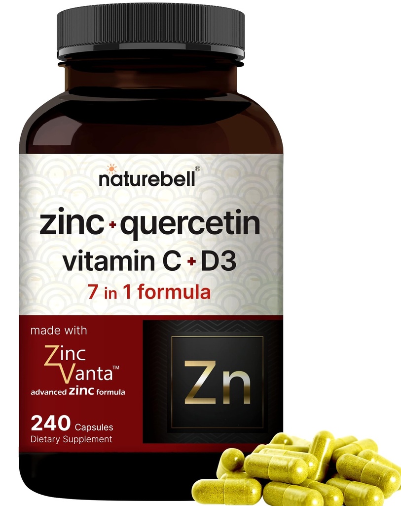 NatureBell Zink Quercetin med vitamin C & D3, 240 kapsler 124; Quercetin 1,000mg + Zink 50mg + vitamin C 250mg + vitamin D3 5,000 IE
