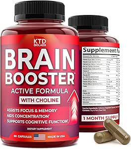 Nootropics Brain Support - Made in USA - Natural Brain Booster Supplement for Focus, Memory, Clarity, Energy Enhancement - Bacopa Monnieri, Cholin & DMAE, 60 kapsler