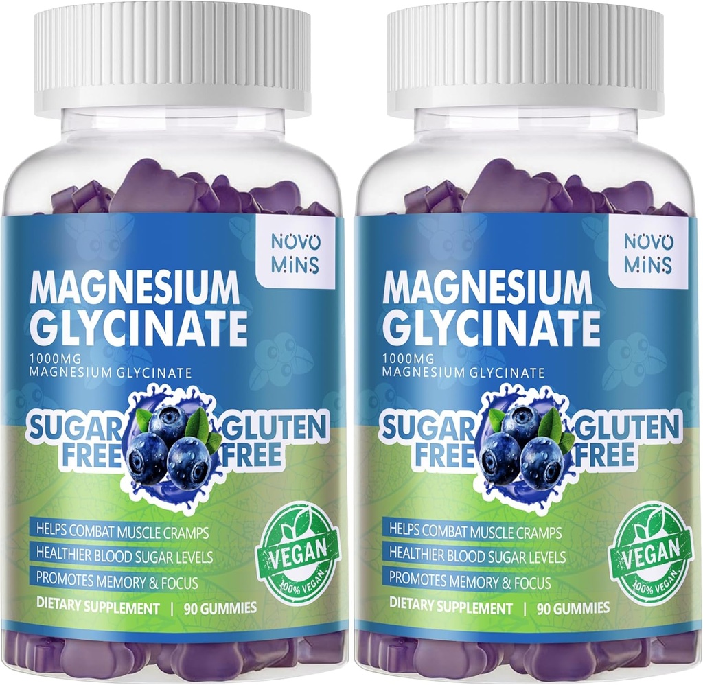 180 CT Magnesium Glycinat Gummies 1000mg - Sugar Free Magnesium Kalium Supplement med D-vitamin, B6, CoQ10 til Calm Mood & Sleep Support - 180 Blueberry Gummies.