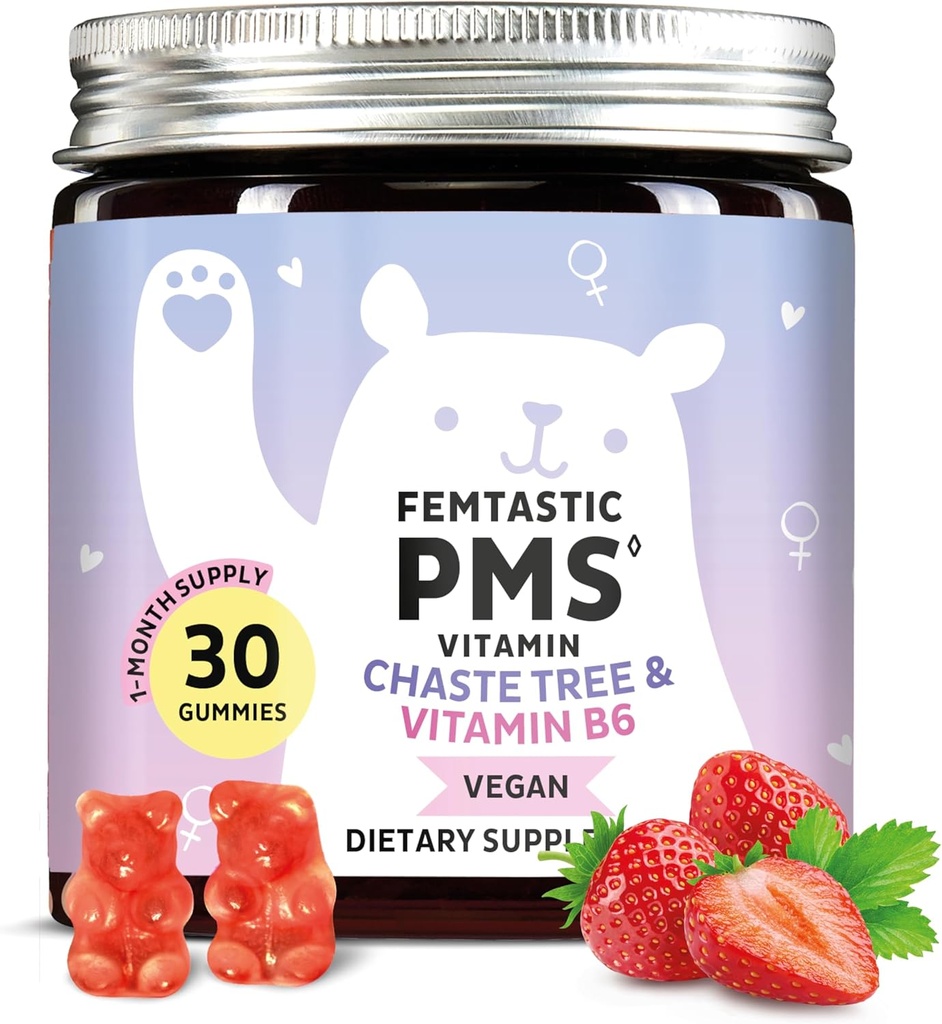PMS Support for Kvinder. Menstruel Relief Gummies til Target Hormonal Breakouts, Bloating, Periode kramper, & Mood Swings. Vegansk, med vitamin B6 & Lemon Balm, 30 gummies