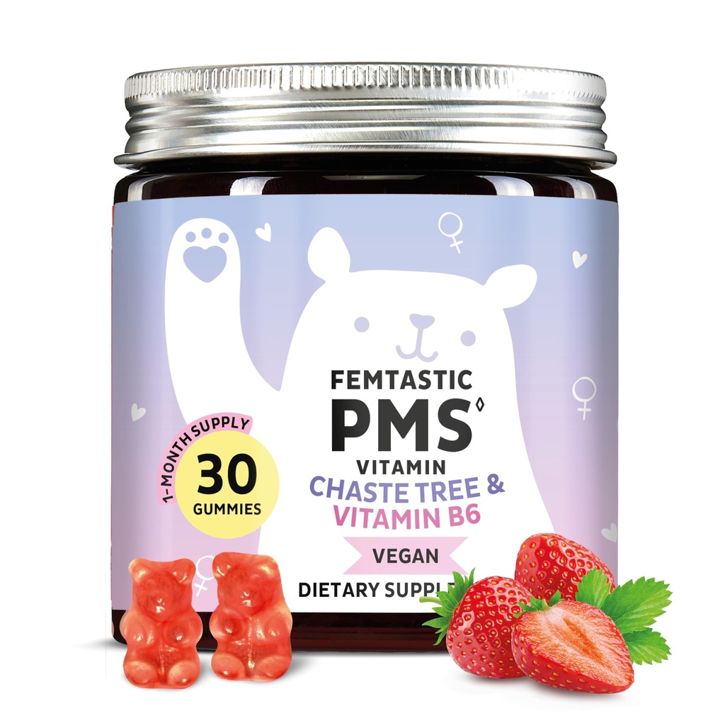 PMS Support for Kvinder. Menstruel Relief Gummies til Target Hormonal Breakouts, Bloating, Periode kramper, & Mood Swings. Vegansk, med vitamin B6 & Lemon Balm, 30 gummies
