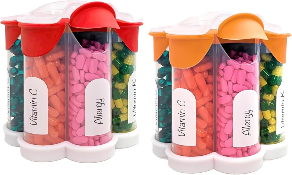 Ekstra Stor Pill Organizer Daglig, Ugentlig, Månedlig tillæg Flaske, Cute Blossom Pill Dispenser med 7 XL kompartmenter (2 Pack Combo) (Orange og rød)