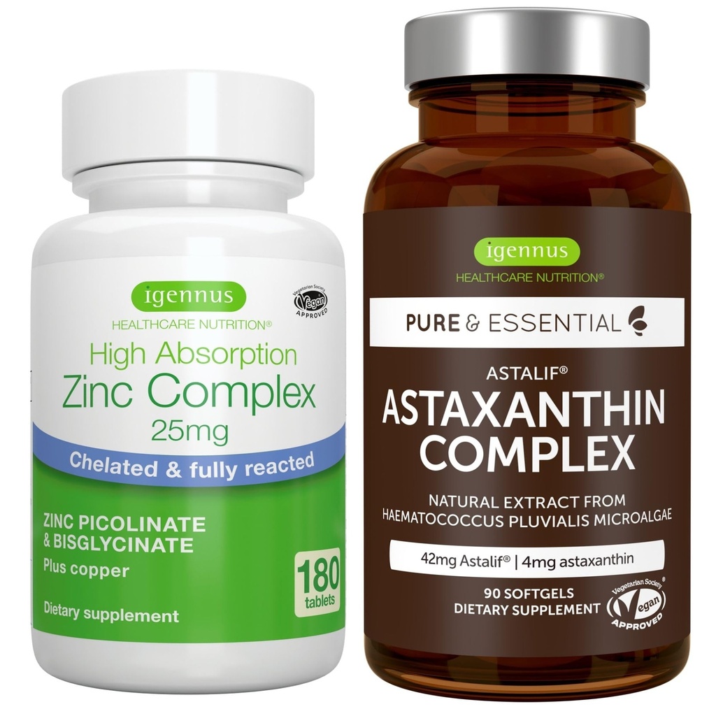 Astaxanthin Complex + Zink Complex Vegan Bundle, Antioxidant Support til hud, hår og negle, af Igennus