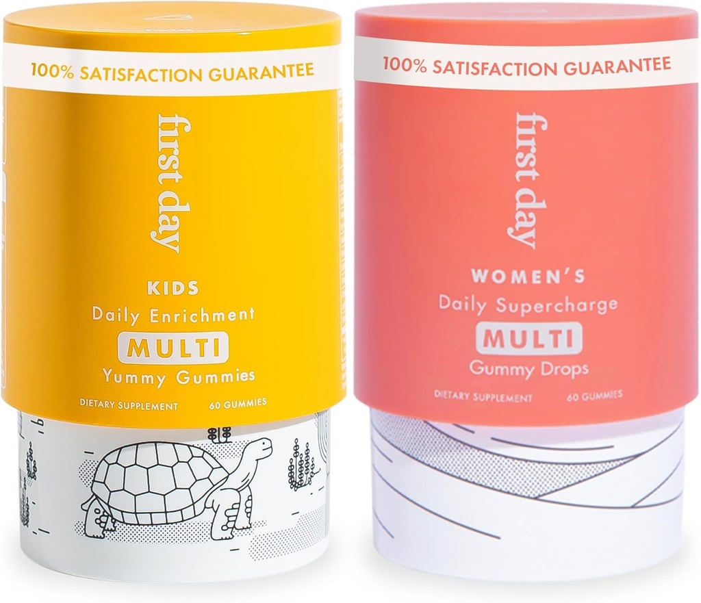 Første dag Multivitamin Gummies Bundle for Kvinder & Børn - Vitamin A, B, C, D & K + Folate, Magnesium, Zink, Biotin & Mere - Lavet w / Organic Fruits & Veggies, Kun 2g Sukker - 2-Pk, 30 Day Supply Each