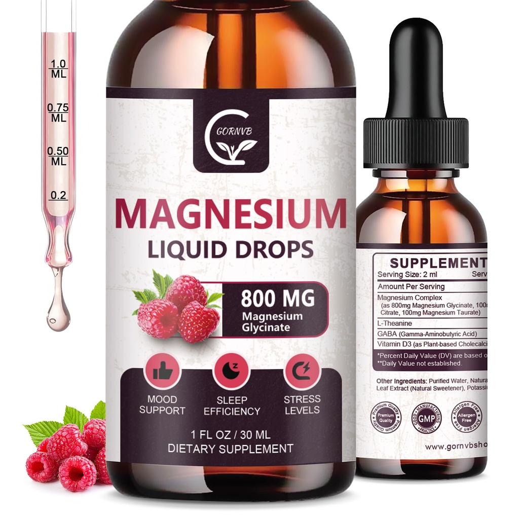 (2 Pack) Magnesium Glycinate Liquid Drops • 124; 1000mg Liquid Magnesium Complex med D3, L- Thea & GABA for Energy, Sleep, Nerve og Heart Health, High Absorption, Raspberry Flavor