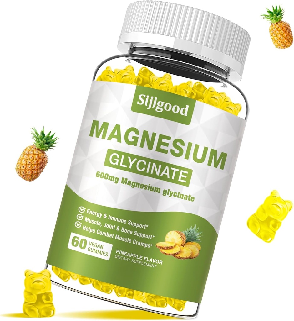 Magnesium Glycinate Gummies 600mg, Afslapning & Zzz Support, Magnesium Kalium supplement til voksne og børn sukkerfri, C-vitamin, B6 og CoQ10 Ananas Navor, 60 Greve