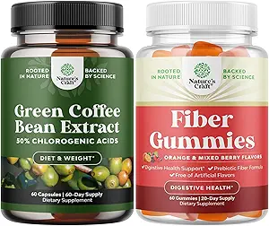 Bundle af Pure Green Coffee Bean Extract med 50% Chlorogen syre til antioxidant hjerte sundhed Mental Focus og Tasty Fiber Gummies med Prebiotic Opløselige Chicory Root for Immunitet fordøjelsesstøtte