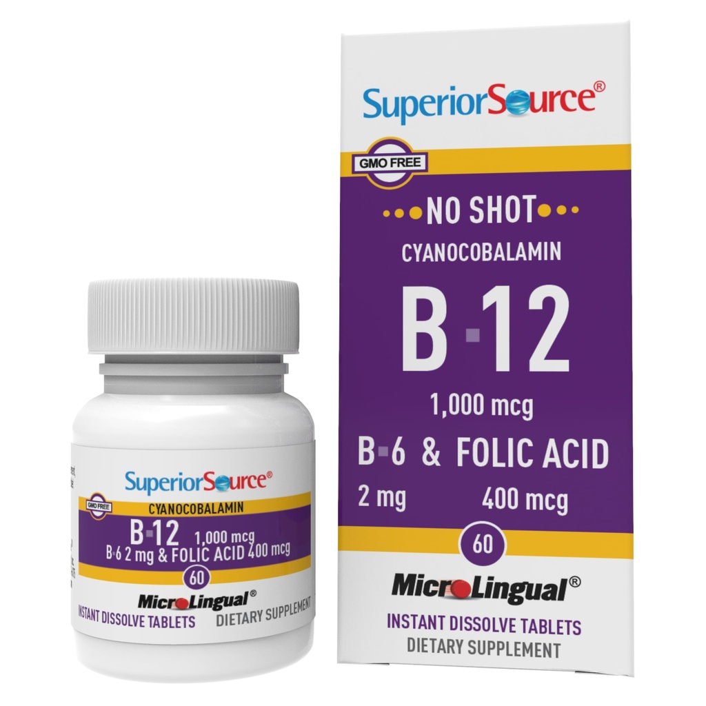Superior Source No Shot Vitamin B-12 Cyanocobalamin 1000 mcg, B-6, Folsyre 400 mcg - Support Brain & Heart Health - Aids Natural Energy Nivels - 60 Sublingual Disopting Tablets