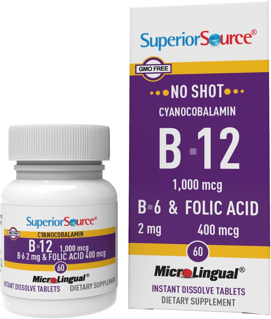 Superior Source No Shot Vitamin B-12 Cyanocobalamin 1000 mcg, B-6, Folsyre 400 mcg - Support Brain & Heart Health - Aids Natural Energy Nivels - 60 Sublingual Disopting Tablets