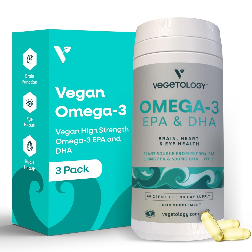 Vegan Omega 3 tillæg - EPA, DHA Kosttilskud & vitamin D3 - Alger Omega 3 Vegan Kosttilskud til hjerne, øje & hjerte sundhed - for børn og voksne (180 kapsler)