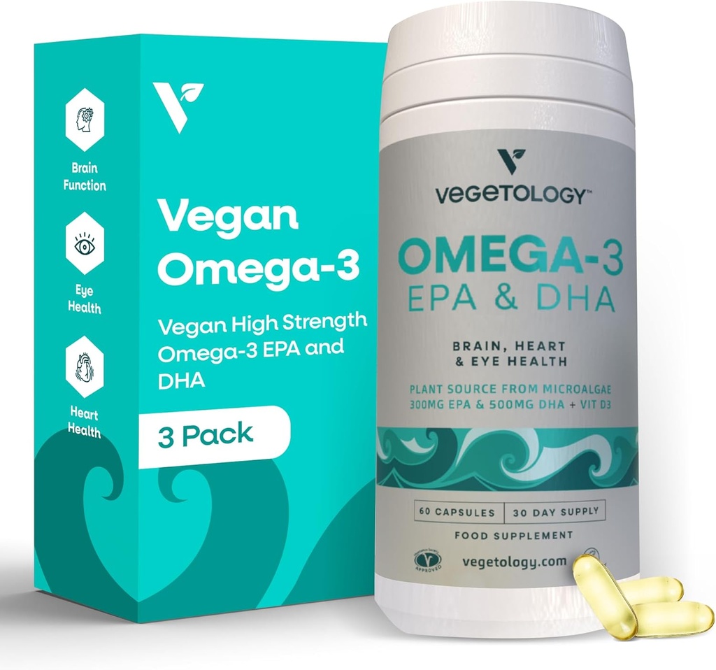Vegan Omega 3 tillæg - EPA, DHA Kosttilskud & vitamin D3 - Alger Omega 3 Vegan Kosttilskud til hjerne, øje & hjerte sundhed - for børn og voksne (180 kapsler)