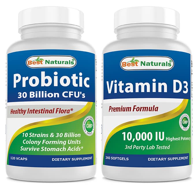 Bedste Naturals Probiotisk 10 Probiotika & 30 Millioner CFU & vitamin D3 10000 IE