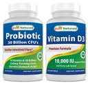 Bedste Naturals Probiotisk 10 Probiotika & 30 Millioner CFU & vitamin D3 10000 IE