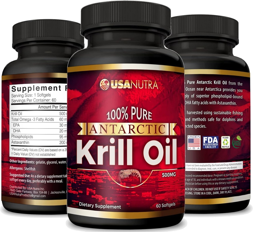 Antarktiske krill Oil Softels 100% Pure med Omega-3 EPA DHA Astaxanthin 1000mg per dag (2 Softgels). Fremstillet i USA