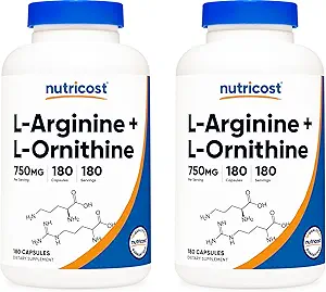 Nutricost L- Arginin L- Ornithin 750mg; 180 kapsler (2 flasker)