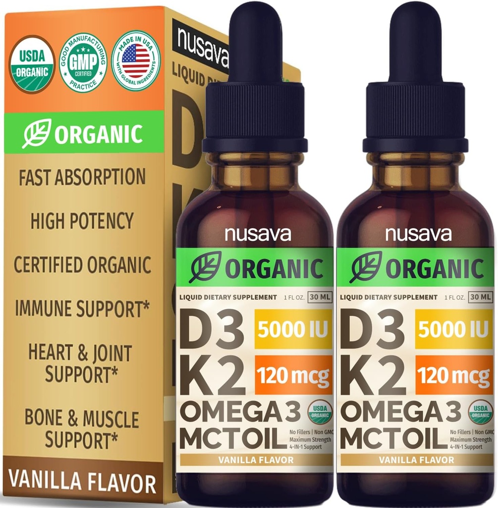 (2 Pack) Organic Vitamin D3 K2 Drops med MCT Oil Omega 3, 5000 IE - Maksimal styrke Vitamin D Væske, Ingen Fyldere, Non- GMO Væske D3 til Hurtigere Absorption og immunforsvar (Vanilla, 1 Fl OZ x 2)