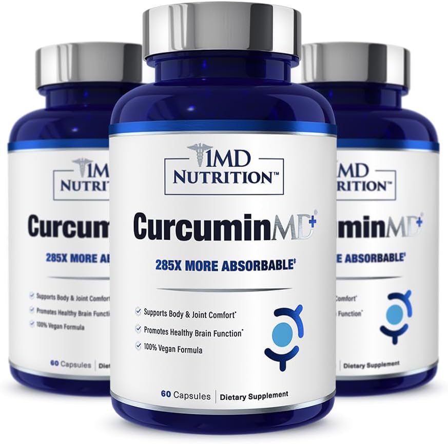 1MD Nutrition CurcuminMD Plus - Turmeric Curcumin with Boswellia Serrata - 285x More Absorbable | Joint Stiffness, Muscle Recovery, and Mood Support | 180 Capsules (3-Pack)