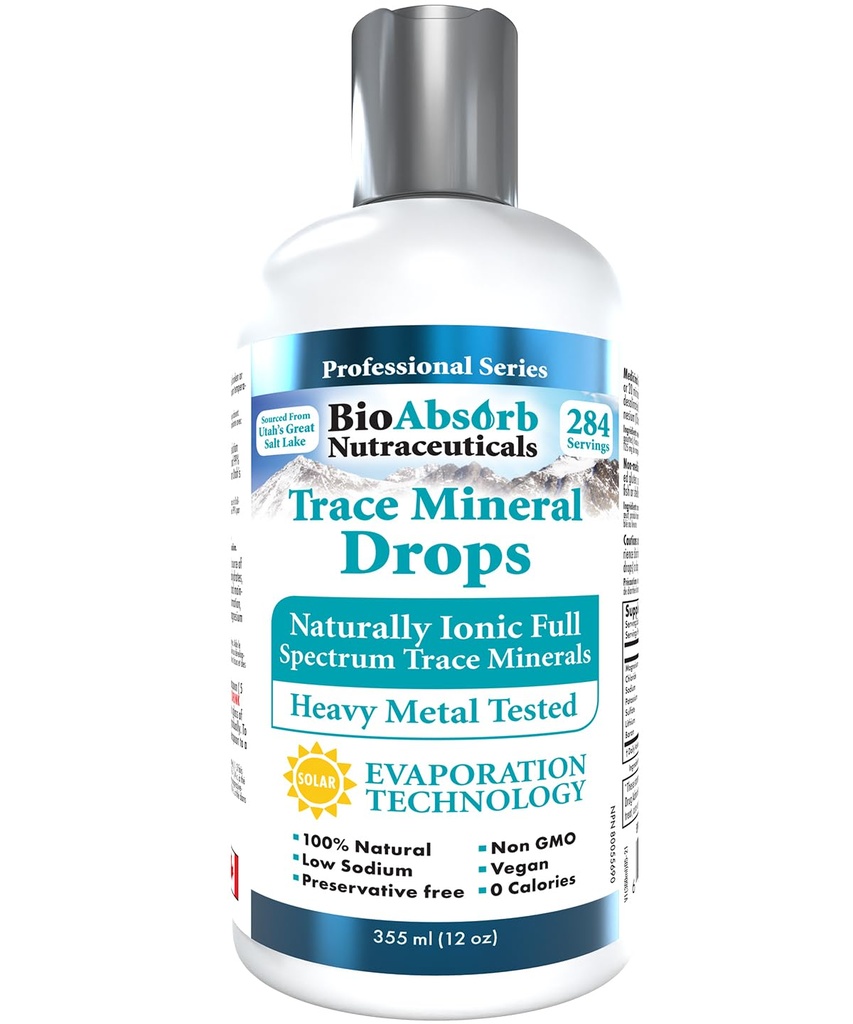 Bio Absorb Trace Mineral Drops. Heavy Metal Testet. 284 Servering af økologiske trace mineraler fra koncentreret Utah s GSL Sea Water. 125mg af Ionic Magnesium (12 oz)