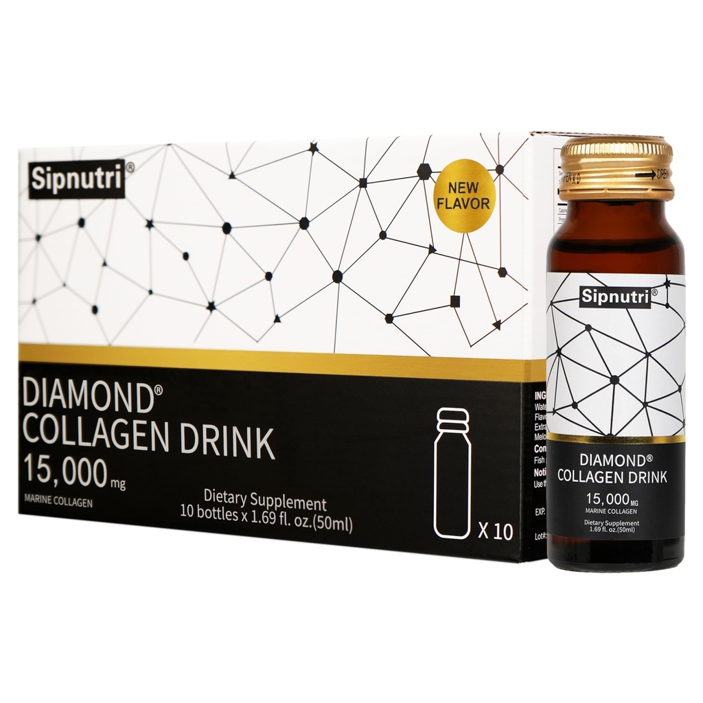 Diamond Liquid Collagen Drink, 15000 mg Hydrolyzed Marine Collagen Peptider med C-vitamin, Pomegranat, Sunde hår hud negle Joints Bones Support, 50 ml x 10 flasker