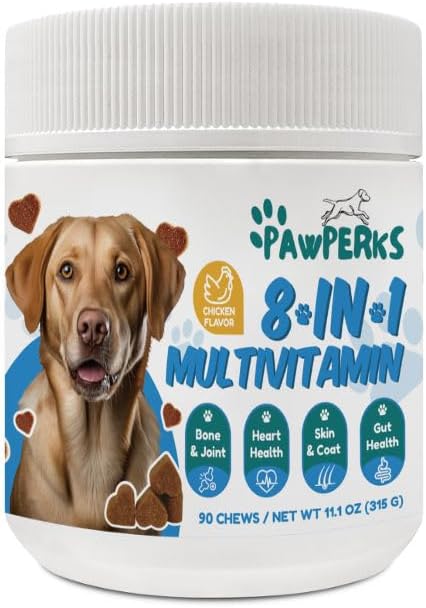 8-in-1 Hund Multivitamin - Glucosamin til fælles sundhed, probiotika & fordøjelsesenzymer - Grain-Free Supplement for hud, Coat & immunforsvar - kylling flavor - 90 Chews