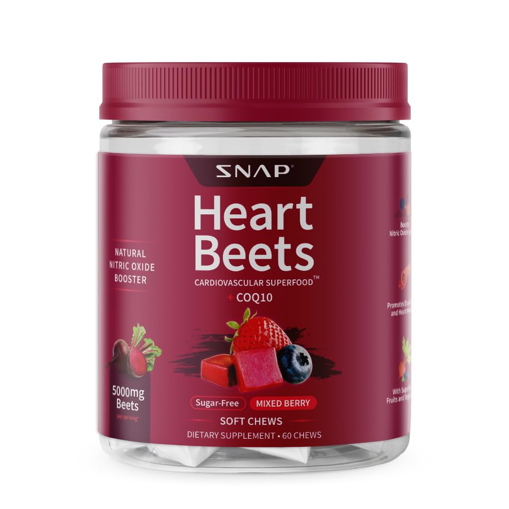 Snap Supplements Heart Beets Organic Beet Root Soft Chews, Cardiovaskulær Support for Mænd & Kvinder, CoQ10 & Red Spinach, Heart Health & Circulation Support, Sugar Free, Blandet Berry, 60 Chews