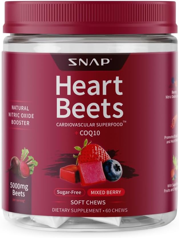 Snap Supplements Heart Beets Organic Beet Root Soft Chews, Cardiovaskulær Support for Mænd & Kvinder, CoQ10 & Red Spinach, Heart Health & Circulation Support, Sugar Free, Blandet Berry, 60 Chews