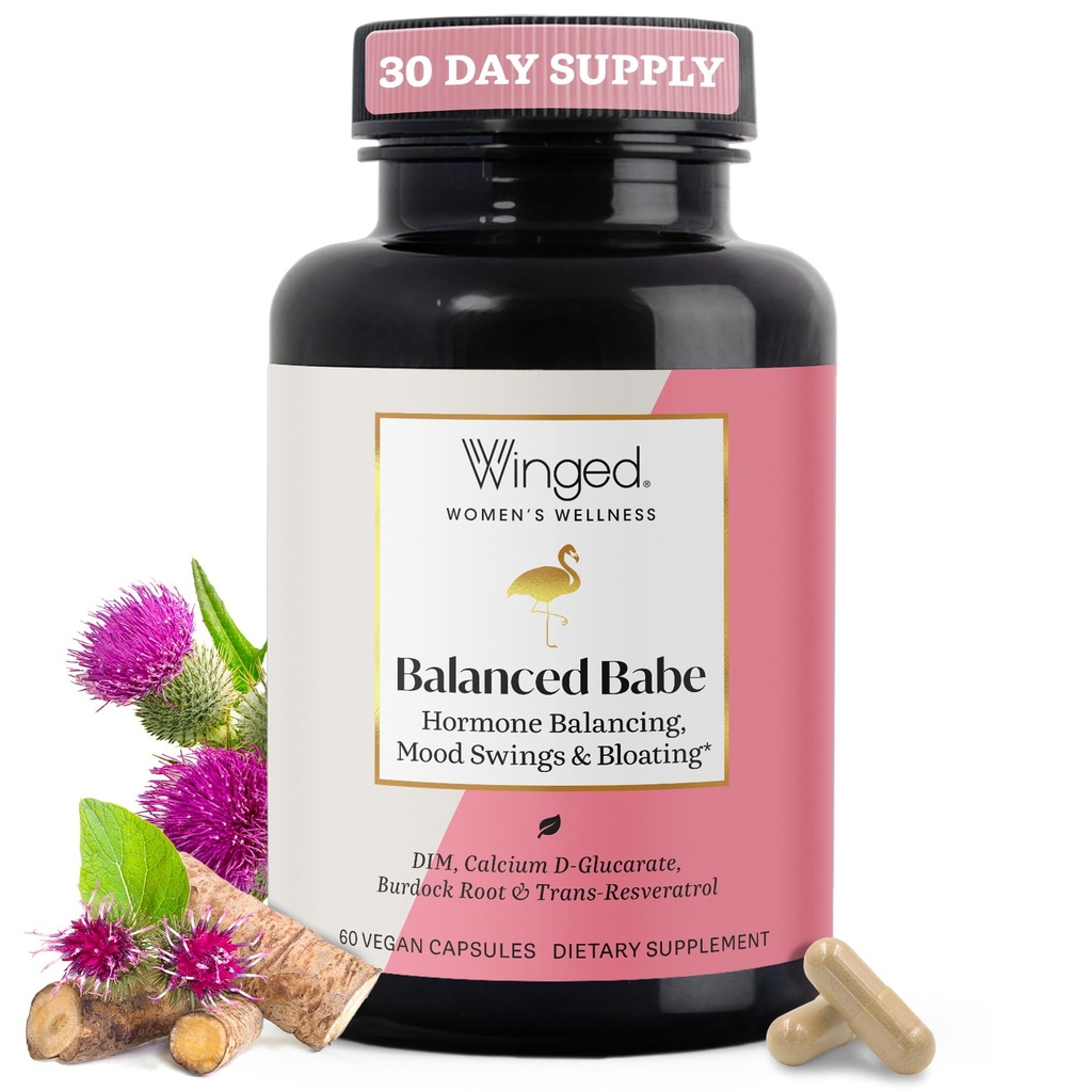 Vinged Wellness Balance Babe, Hormonbalance & Østrogen Detox tillæg for kvinder - 100 mg DIM & Calcium D- Glucarate & Milk Thistle for PMS Bloating, kramper, Mood & Hormonal Acne Support, 60 kapsler