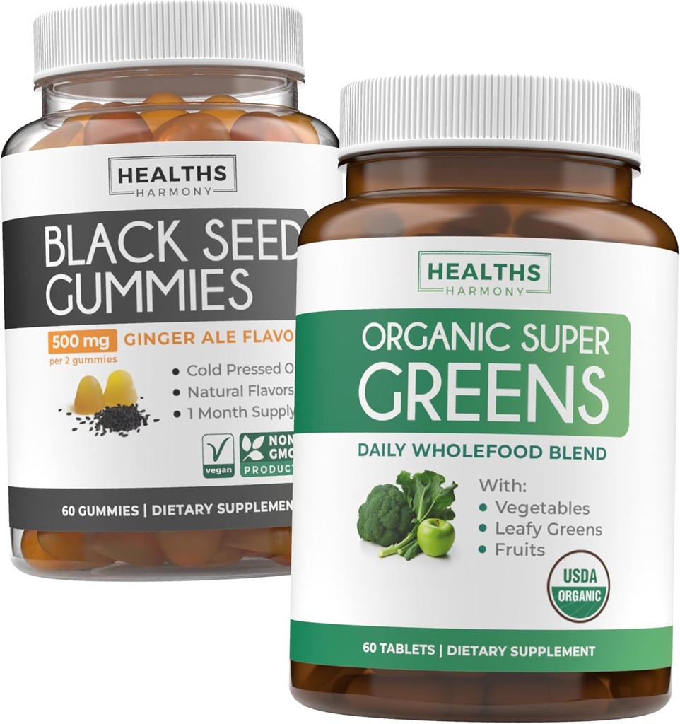 Black Seed Oil Gummies & Super Greens (1-måned) - Daily Green Boost - Black Seed Oil Gummies Ginger Ale Flavor Cold-Pressed Nigella Sativa & Organic Super Greens Complete Super Food Supplement