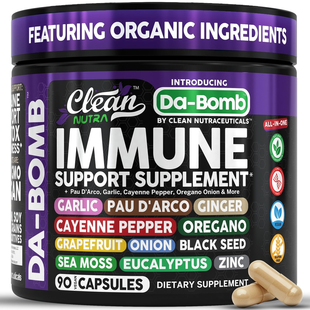 Organisk immunforsvar med PAU D 'Arco Hvidløg Cayenne Pepper Oregano Ginger Grapefrugt Onion Black Sea Moss Black Pepper Zink Eucalyptus Vitamin C Vitamin D Organic Soursop af Clean Nutra