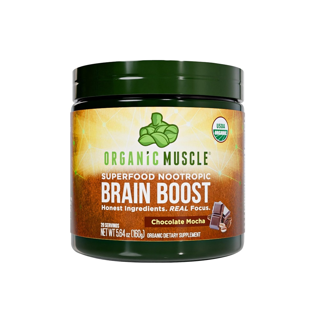 Organic Muscle Brain Boost Nootropics Blend - Vegan & Organic Superfood Health Kosttilskud til fokus, hukommelse & produktivitet med Ashwagandha, Ginkgo & Ginseng - Chokolade Flavor, 20 Servere
