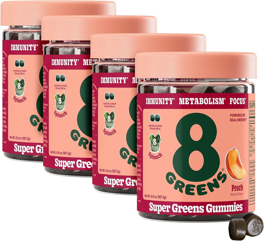 8Greens Supergreens Gummies Note 124; Super Green Powder Superfood Gummy for Metabolisme, Immunitet & Fokus, fordøjelsessygdomme, Organisk: Chlorella, Spirulina, Aloe Vera, Peach Flavor, 200 Greve