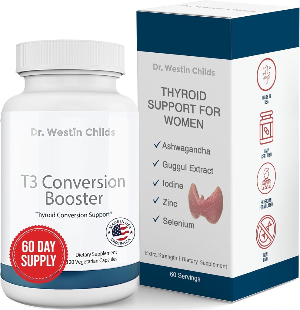 Dr. Westin Childs - T3 Conversion Booster - Thyroid Support til kvinder med Hypothyroidisme & Hashimotos - Jod, Ashwagandha, Guggul Extract, Selenium & Zink Complex - 60 Servere
