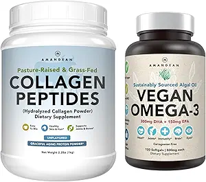 Sund hud & Joints Bundle - Premium Vegan Omega-3 (120 kapsler) fra Marine Algae + Grass- Fed Collagen Peptider Powder (1 kg - 100 Servere) Non- GMO. Strålende hud, joints, knogler & graceous aging