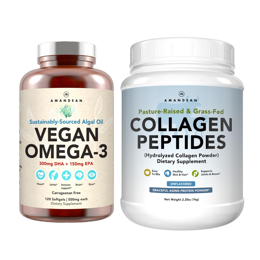 Sund hud & Joints Bundle - Premium Vegan Omega-3 (120 kapsler) fra Marine Algae + Grass- Fed Collagen Peptider Powder (1 kg - 100 Servere) Non- GMO. Strålende hud, joints, knogler & graceous aging