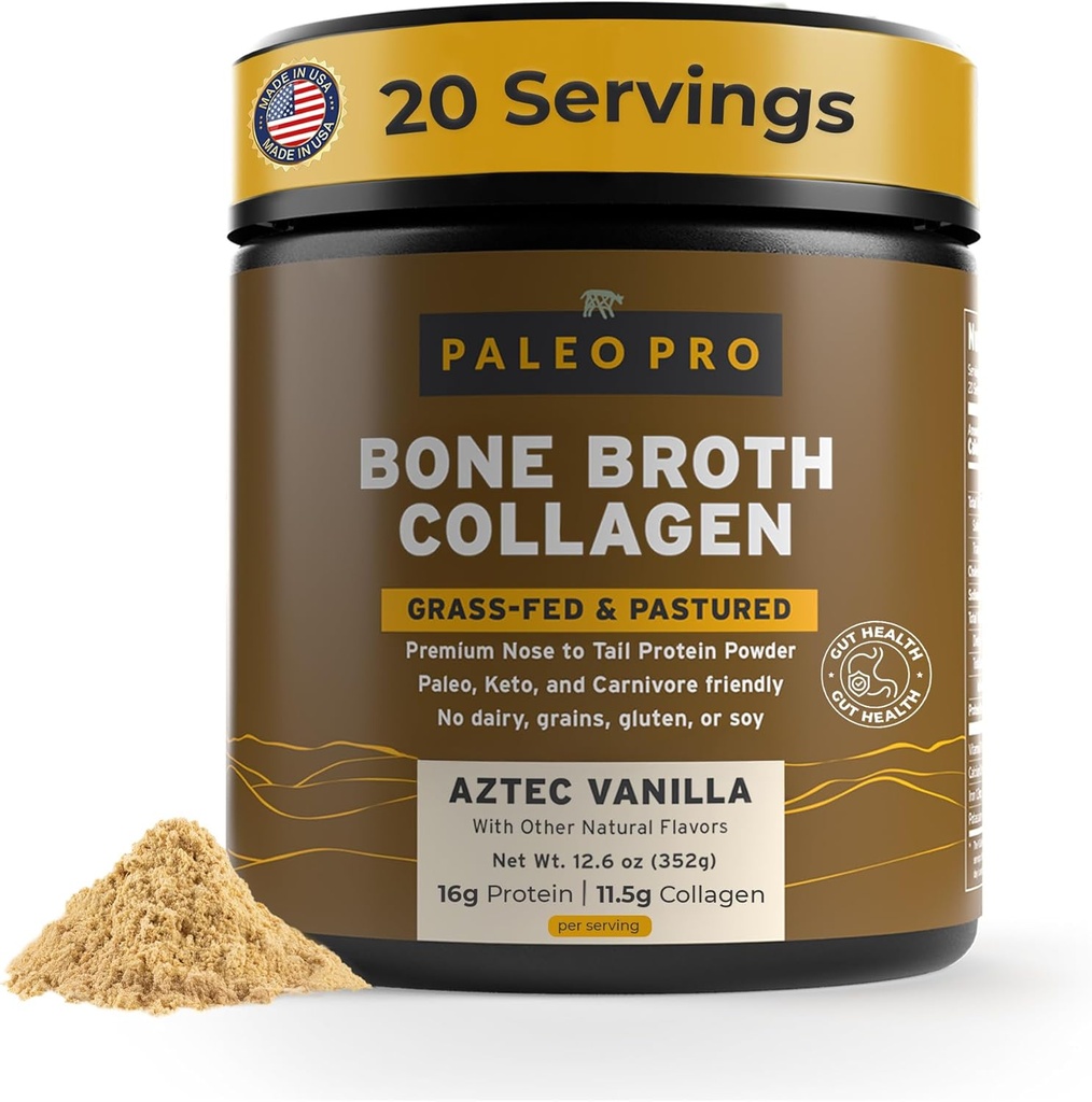 PaleoPro Bone Broth Collagen Protein Powder - Gurkemeje Root Grass- Fed Collagen Pulver til hud & knogler - Gluten fri, Ingen sukker, soja, Korn, Net Carbs - Paleo Keto Friendly 20 Servere Aztec Vanilla