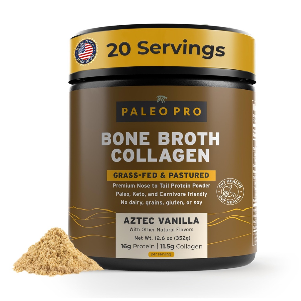 PaleoPro Bone Broth Collagen Protein Powder - Gurkemeje Root Grass- Fed Collagen Pulver til hud & knogler - Gluten fri, Ingen sukker, soja, Korn, Net Carbs - Paleo Keto Friendly 20 Servere Aztec Vanilla