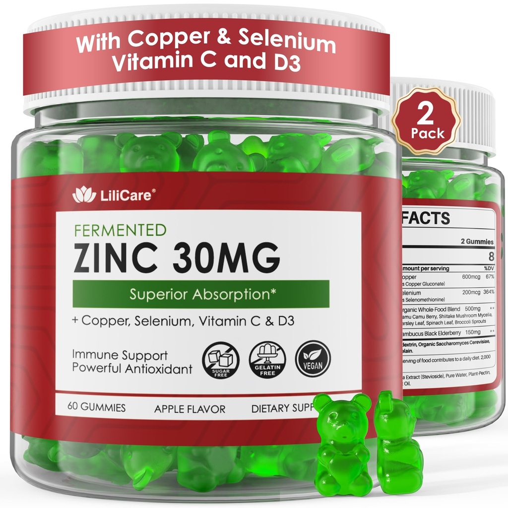Zink Gummies + kobber, Selen, C-vitamin & D3, Gæret Zink Kosttilskud til kvinder og mænd med Elderberry til daglig immunstøtte, kraftfuld antioxidant, høj absorption, Vegan, Sukker fri, 2 Pack