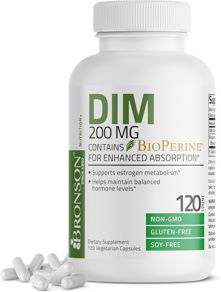 Bronson DIM supplement 200 MG Diindolymetan med BioPerine til forbedret absorption, østrogen Metabolisme & vedligeholder Balancerede Hormonniveauer, 120 Vegetariske kapsler