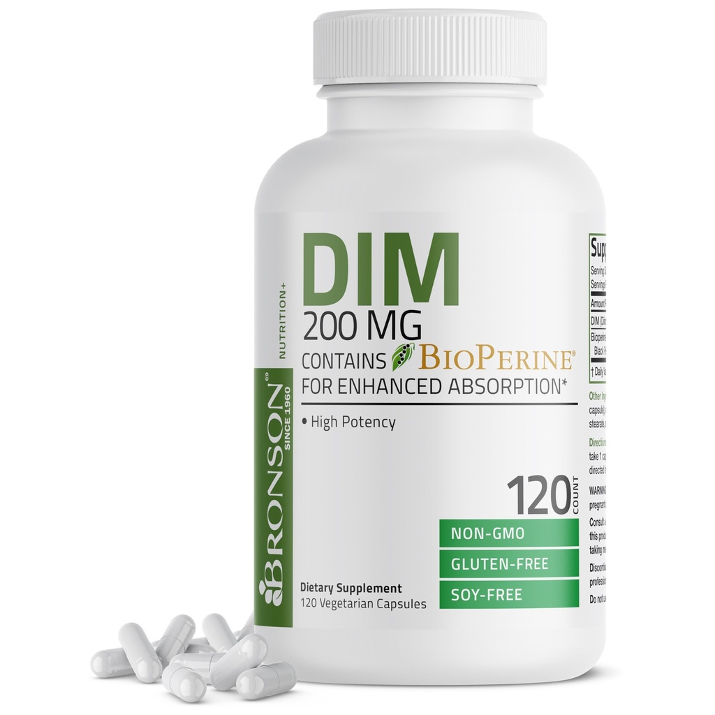 Bronson DIM supplement 200 MG Diindolymetan med BioPerine til forbedret absorption, østrogen Metabolisme & vedligeholder Balancerede Hormonniveauer, 120 Vegetariske kapsler