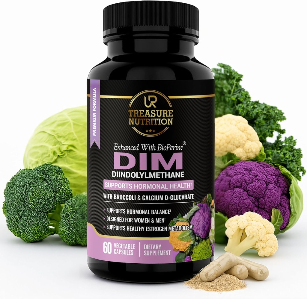 DIM tillæg med Broccoli Extract og BioPerine - Natural Hormone Balance Support til kvinder og mænd - Østrogen Balance - Menopause, Acne - 60 vegetariske kapsler med Calcium D- glucarat