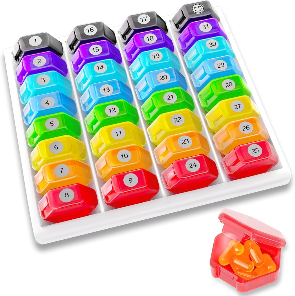 Monthly Pill Organizer 1-Time a-Day: 30 Day Pill Organizer with Labels, Portable Monthly Pill Box, Month Pill Holder for Vitamin, Medicine, Fish Oil, Supplements