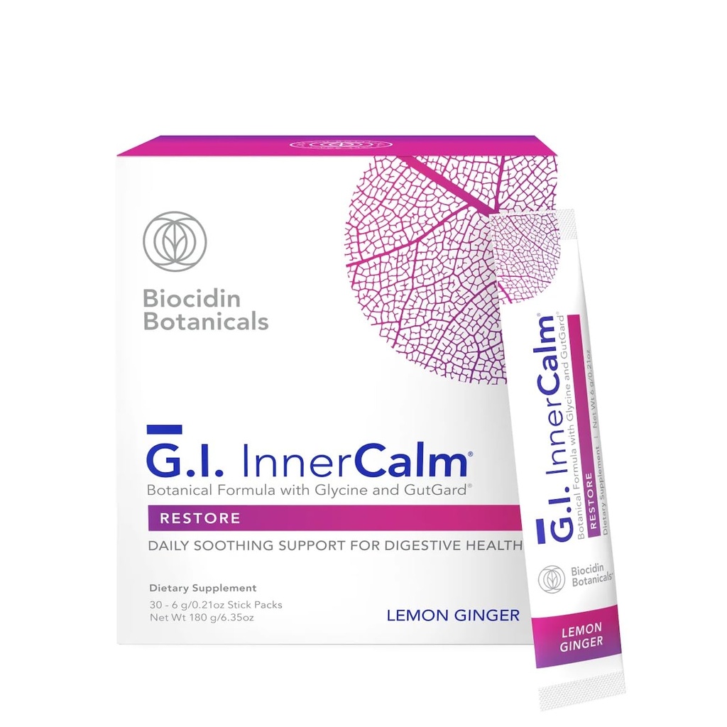 Bio- Botanisk forskning Biocidin Drink Mix - GI InnerCalm - Støtte fordøjelsessygdomme, GI Detox, sund mood & sans for afslapning - Lindrende formel med Glycin & Ingen Glutamin (30 Stick Packs)