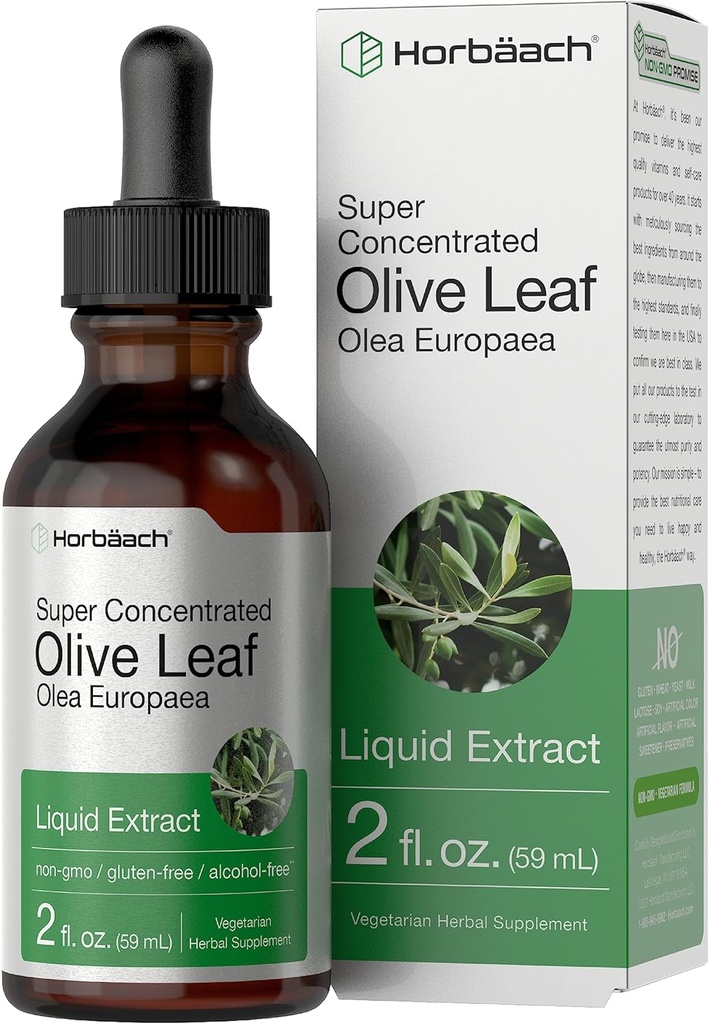 Horbäach Olive Leaf Extract Liquidation - 124; 2 fl oz - 124; Super Strength - 124; Alkohol - fri, vegetar, ikke-GMO, gluten - fri