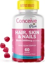 CONCEIVE PLUS Hår Skin & Nails Gummies - Extra-Strength Biotin, VIT A, C, D3, E Vitaminer - Vegan, Hårvækst Supplement - Gelatin- Free - 60 Greve