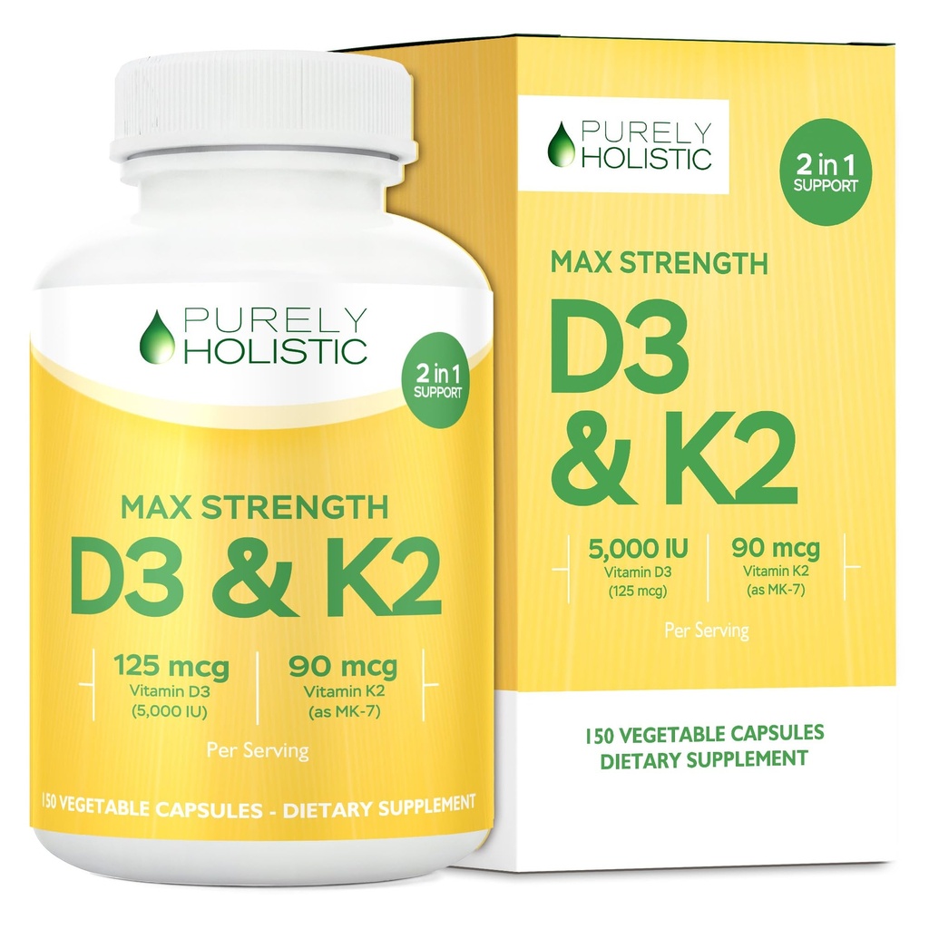 Rent holistisk vitamin D3 125mcg og vitamin K2 90mcg MK7-4 Måned Supply 150 Vegetariske Kapsler - Vitamin D3 & K2 Menaqunione - Høj styrke Cholecalciferol Made in USA