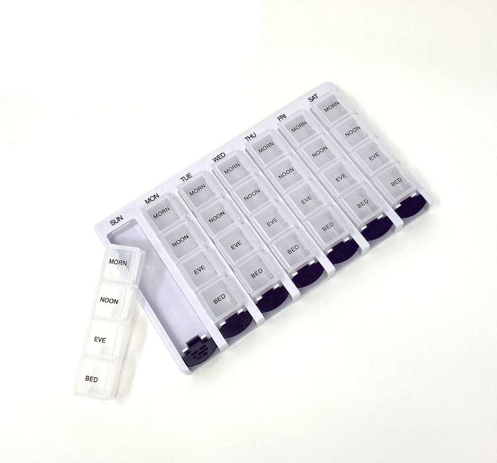 Weekly AM/PM Pill Box Portable Travel Prescription & Medication Pill Case Organizer by P&P MEDICAL SURGICAL (7-Day / 4-Times-A-Day) with Removable Compartments and Moisture-Proof Design